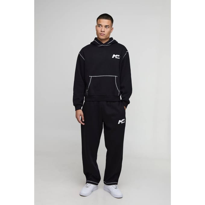 Oversized Boxy M Star Trainingspak met capuchon en contraststiksels | Black | Size Medium
