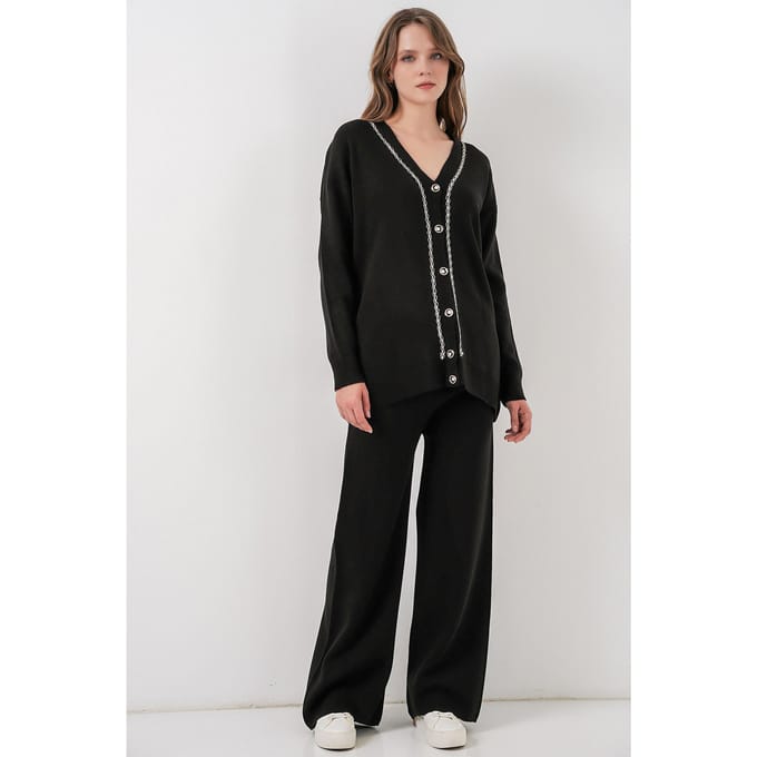 V-hals cardigan en wijde broek set