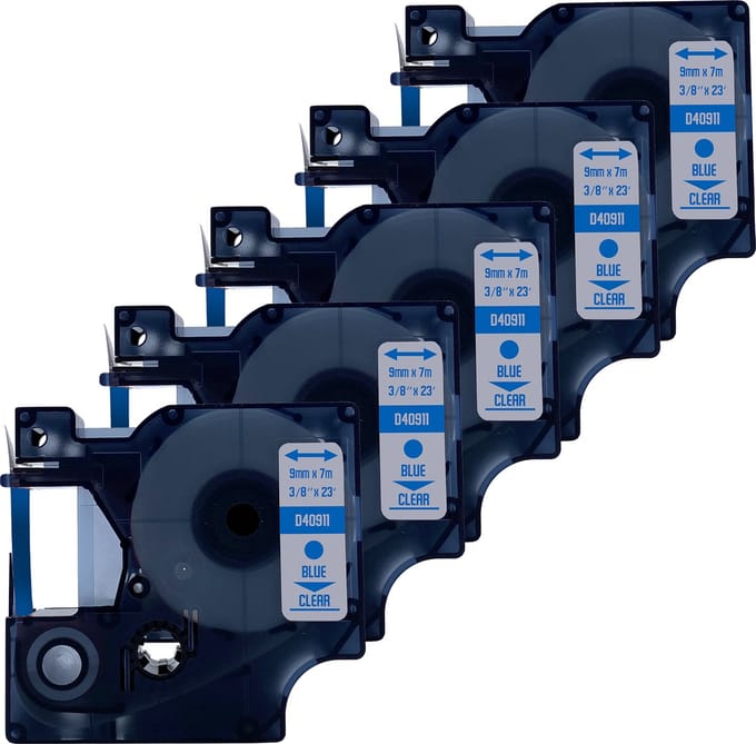 DULA Dymo D1 40911 Compatible label tape - 5 lettertapes - Blauw op transparant - 9mm x 7m