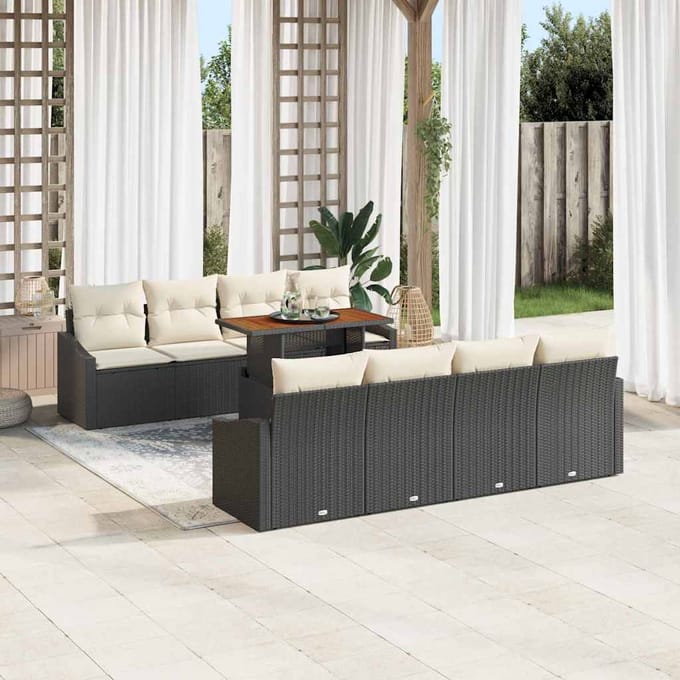 vidaXL Tuin Eettafel Set met kussen 9 pcs Zwart en Crème