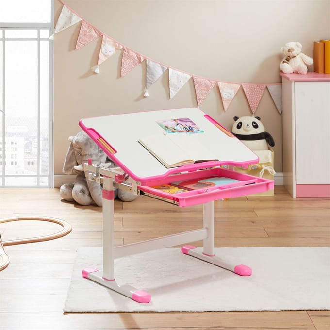 Kinderbureau VITA, in hoogte verstelbaar en kantelbaar, in wit/roze