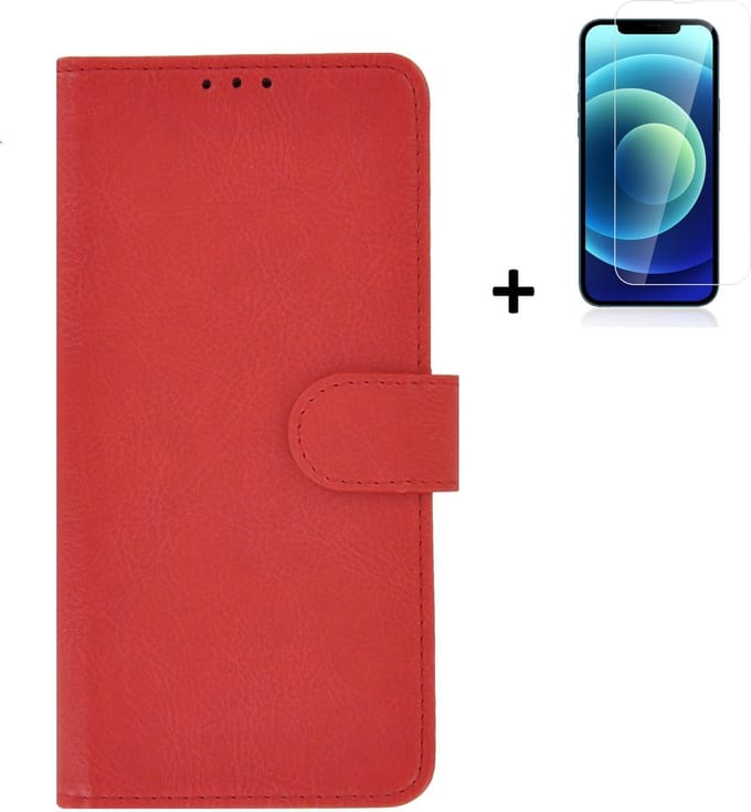 Geschikt voor iPhone 13 Pro Max Hoesje + iPhone 13 Pro Max Screenprotector - iPhone 13 Pro Max Hoes Wallet Bookcase Rood + Tempered Glass
