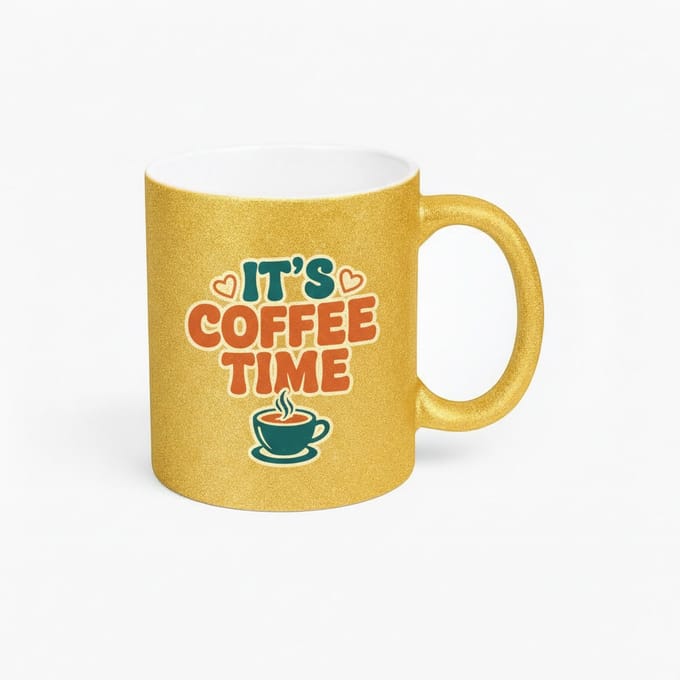 Gouden Glitter Mok 'It's Coffee Time' - Retro Koffiemok Cadeau