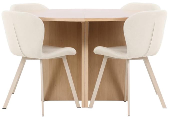 Strada eethoek uittrekbare tafel Ø120cm, 170cm en 4 stoelen whitewash, beige.