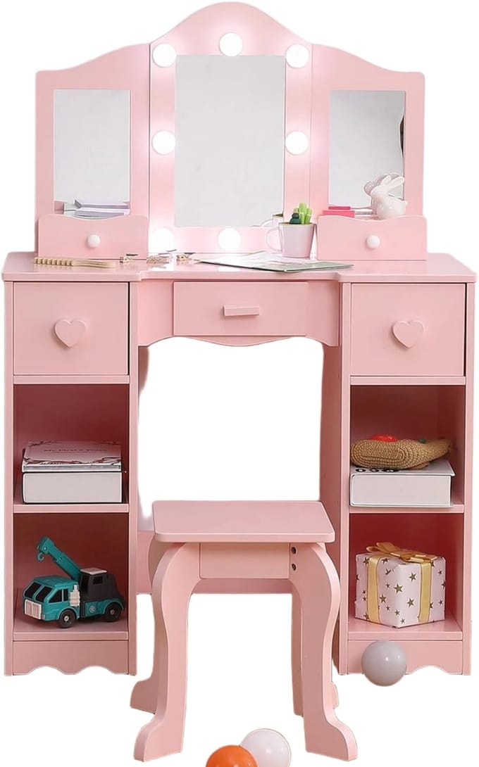 Kinderkaptafel met Drievoudige Spiegel - Met Open Opbergplanken - Roze