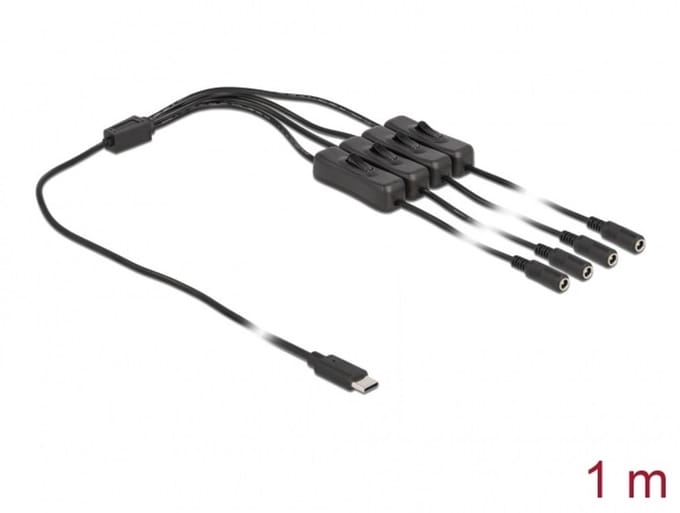 USB-C - 4x DC plug splitter | 5,5 x 2,1mm | max. 5V/3A (15W) | schakelaars | zwart | 1 meter
