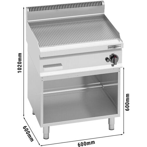 GGM Gastro Gasbakplaat - 8kW - Geribbeld - Bakoppervlak: 596x430mm - met open onderbouw zilver