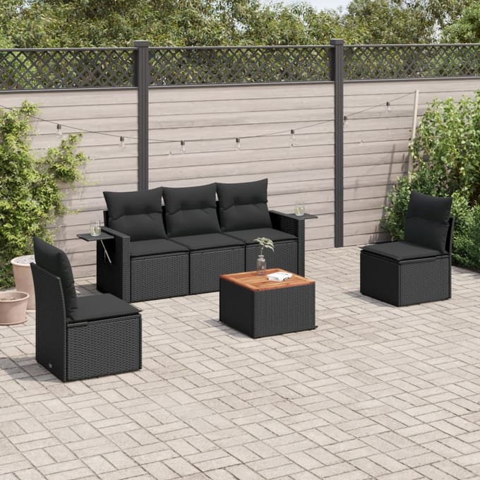 vidaXL - 6-delige - Loungeset - met - kussens - poly - rattan - zwart