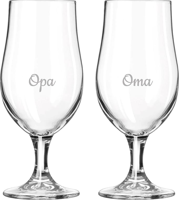 Gegraveerde bierglas op voet 49cl Opa & Oma
