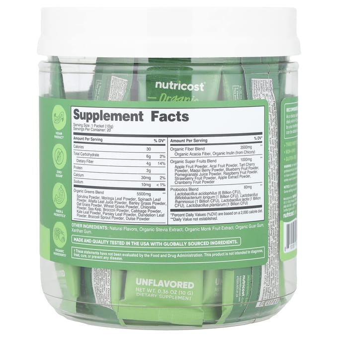 Nutricost, Organic Super Greens, Unflavored, 20 Stick Packs, 10 g (0.36 oz) Each