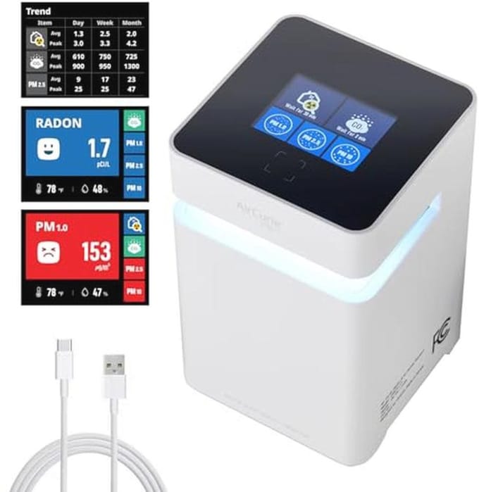 5-in-1 Radondetector en Luchtkwaliteitsmonitor voor Thuis | PM1.0, PM2.5, PM10, CO2, Vochtigheid, Temperatuur