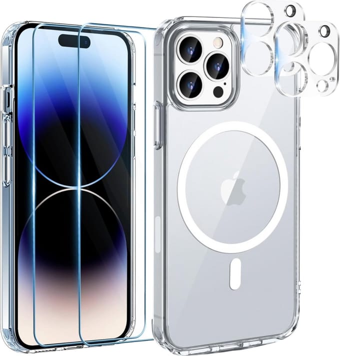 iPhone 16 Pro Max Hoesje backcover Shockproof siliconen Transparant met geïntegreerde magnetische cirkel + 2 gehard glazen screenprotectors + 2 Camera Protector van glas