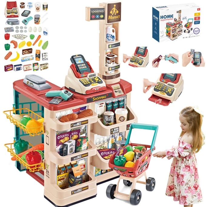 WOOPIE Winkel Supermarkt met een Winkelwagen Gewicht Kassa Scanner + 48 Akc.