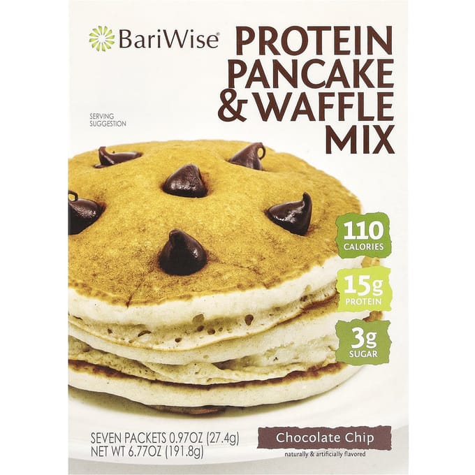 BariWise, eiwitrijke pannenkoeken- en wafelmix, chocoladechips, 7 pakjes, 23 g per stuk