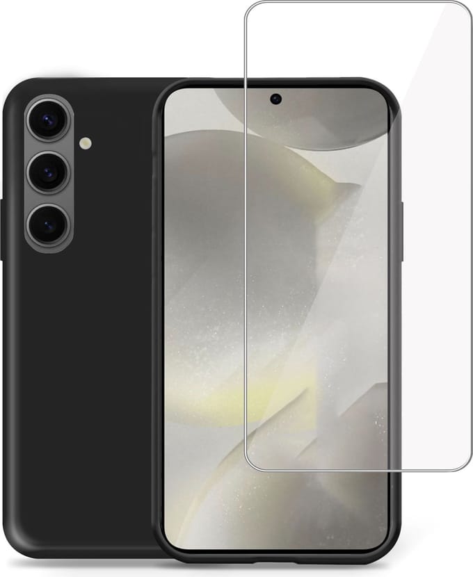 Hoesje + Screenprotector geschikt voor Samsung Galaxy S24 Plus – Tempered Glass - Liquid Back Case Cover Zwart