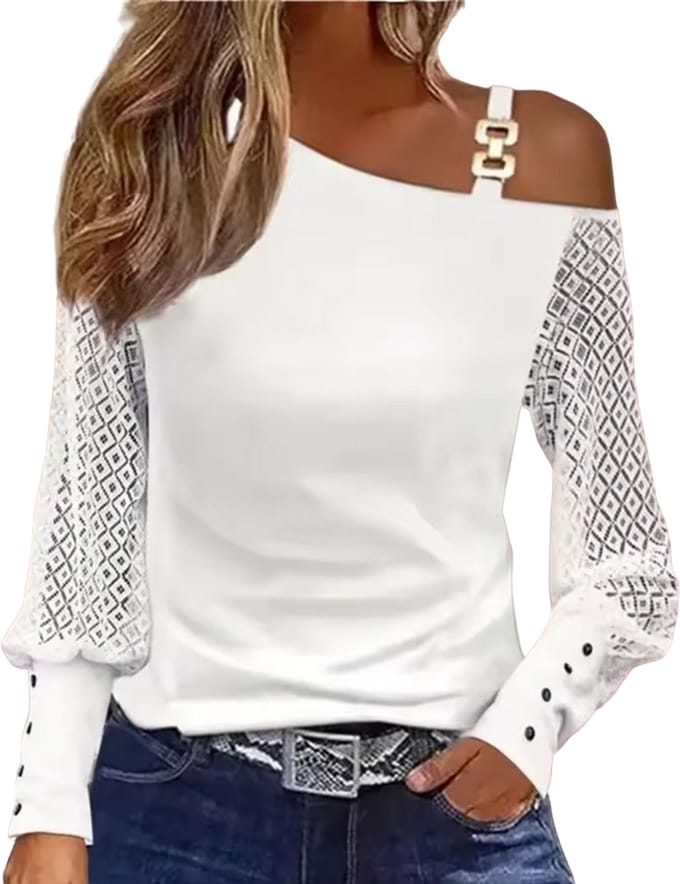 Zomer Dames Shirt Designer - Off Shoulder - Top - Wit - Kanten Mouwen
