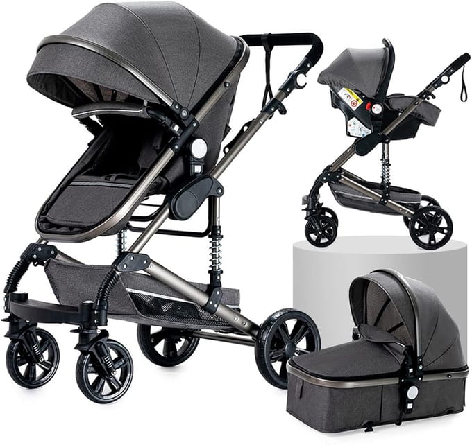 3-in-1 Combi Kinderwagen Wandelwagen en Reiswieg Systeem Grijs