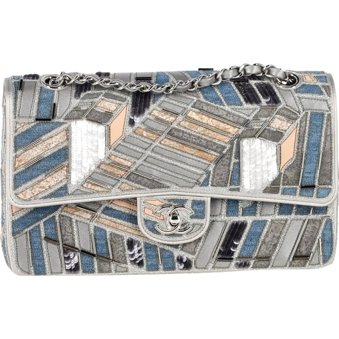 Chanel Medium Classic Patchwork Double Flap Schoudertas in Multicolor Denim