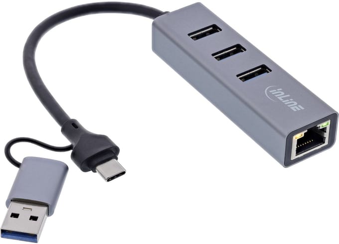 InLine USB-A/USB-C naar RJ45 + 3x USB-A adapter | USB3.0 | CAT6 | aluminium | 0,15 meter