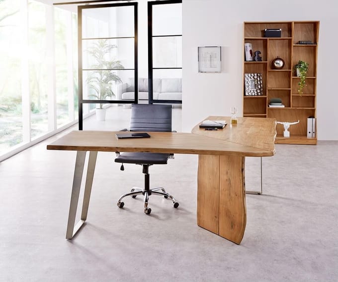 Bureautafel Live-Edge Acacia Natuur180x180 Frame zilver boomkant bureau