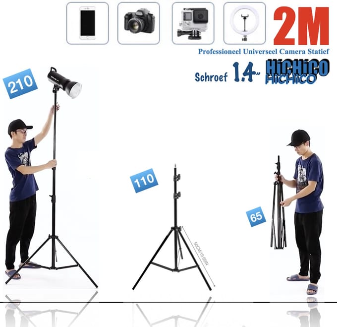 Smartphone Tripod Camera Statief 210 Cm voor fotocamera en telefoon