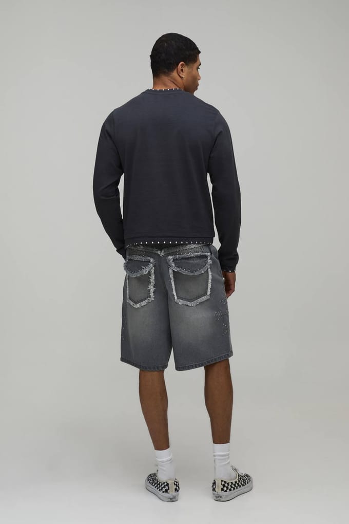 Wijde Stijve Versierde Distressed Denim Shorts Met Zakdetail | Grey | Size 36