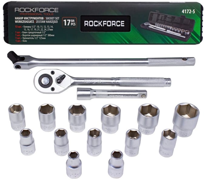 Rock Force RF-4172-5MPB - Dopsleutelset - 17-delig - Chroom-vanadium - Grijpoor handvat