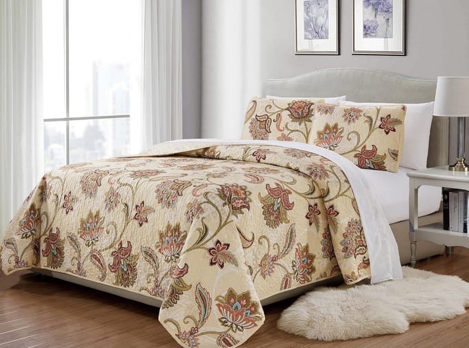 Luxe Gewatteerde Sprei Bloem Motief - Extra Groot - Beige, Taupe, Blauw & Rood