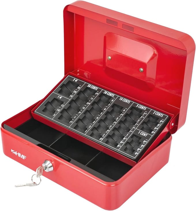 Afsluitbare Geldcassette met Muntenteller - 25 x 18 x 9 cm - Rood