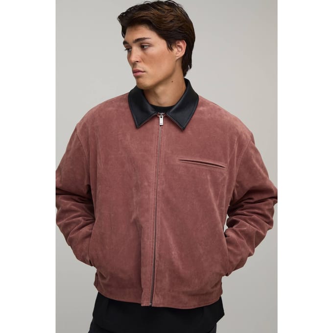 Oversized Boxy Harrington Jas Van Imitatiesuède Met Contrasterende Kraag | Mauve | Size Medium