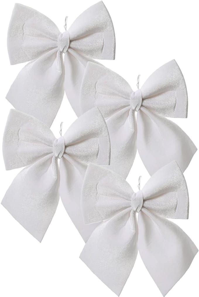 Decoris Kersthanger strik - 4x - wit - polyester - glanzend - 24 cm - kerstornament - kerststrikken