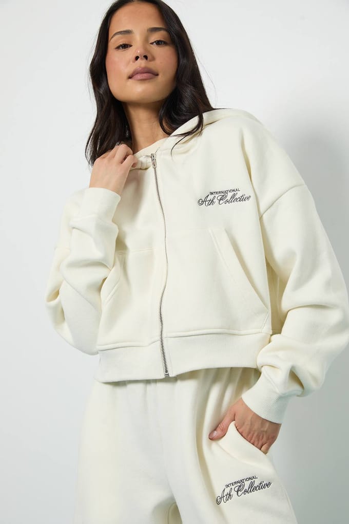 boohoo Dames Ath Collective Boxy Zip Through Hooded Trainingspak | Ecru | Maat: Large