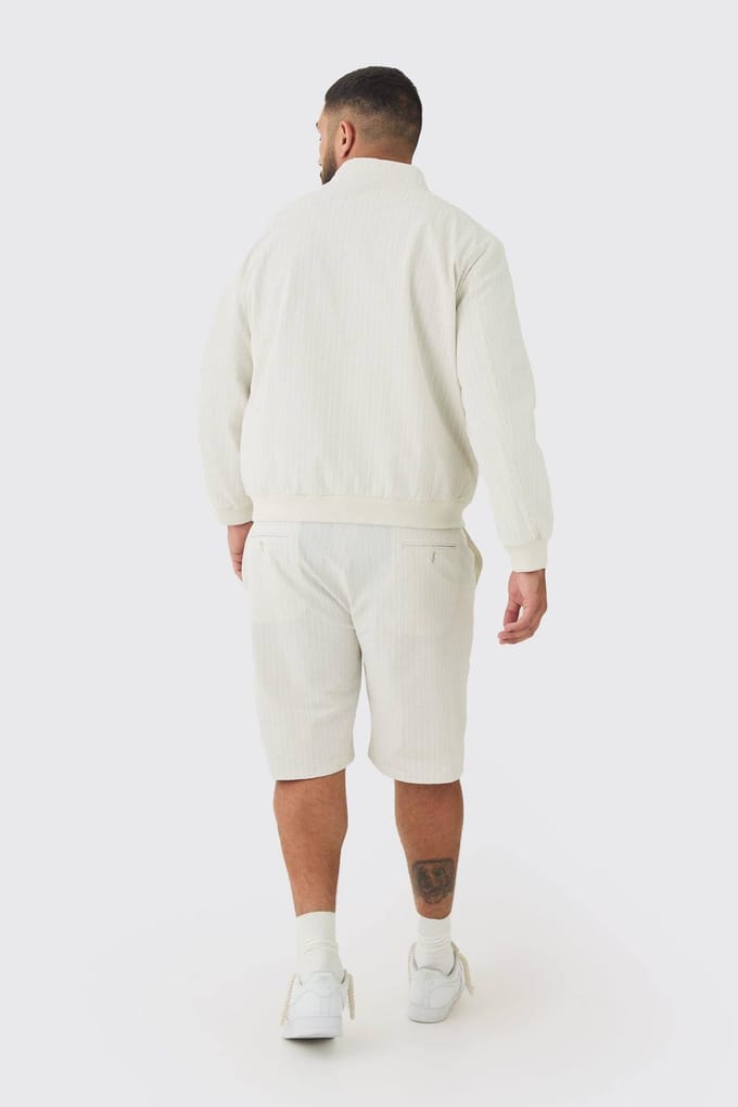 Plus Stripe Seersucker Funnel Neck Smart Jacket | Ecru | Size 56