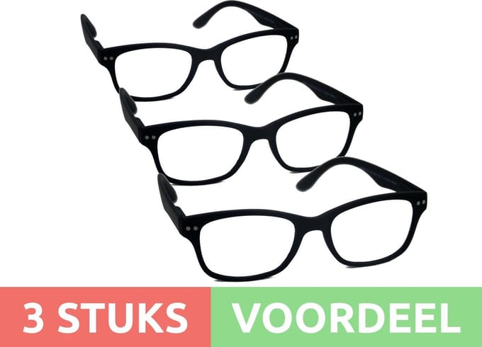 Computer bril - zwart rechthoekig sterkte 0.0 - 3 stuks - blauw licht filter - blue blocker leesbril
