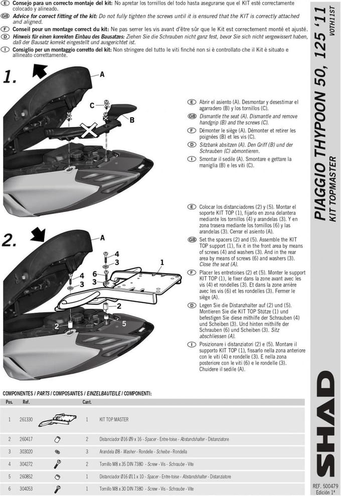 Support de top case Shad pour scooter V0TH11ST / TOP MASTER / Kit Neuf