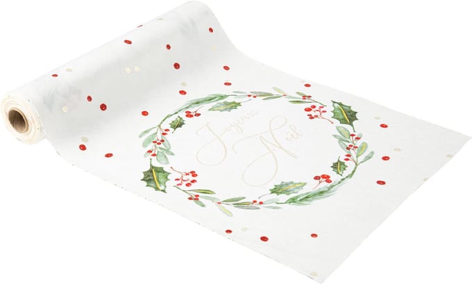 ARTYFETES - Tafelkleed Vrolijk Kerstfeest traditioneel chic 28cm x 3m in wit fluweel