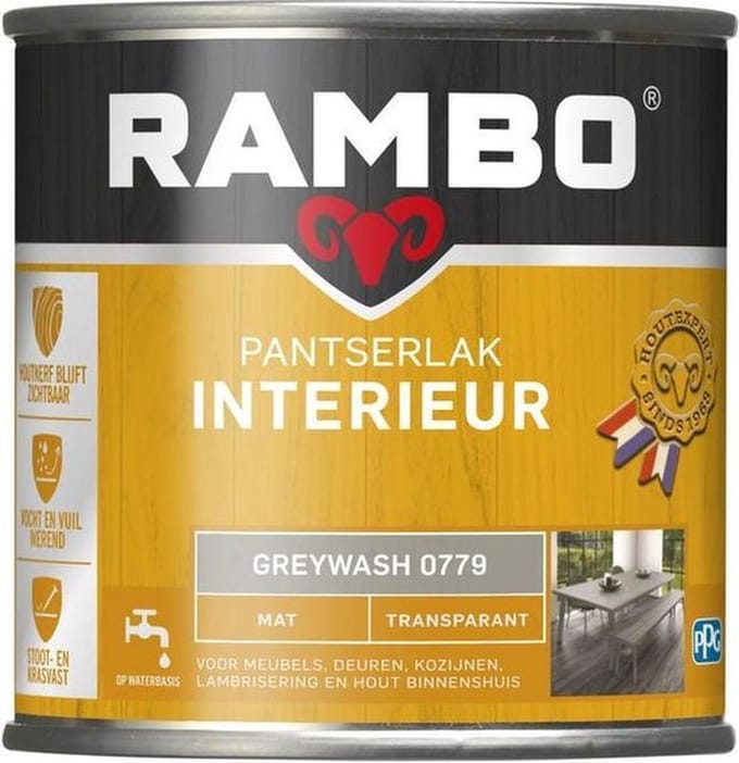 Rambo Pantserlak Interieur - Transparant Mat - Houtnerf Zichtbaar - Greywash - 1.25L