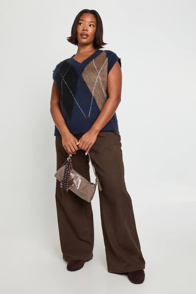 boohoo Dames Plus Argyle Gebreide Vest | Navy | Maat: 20-22