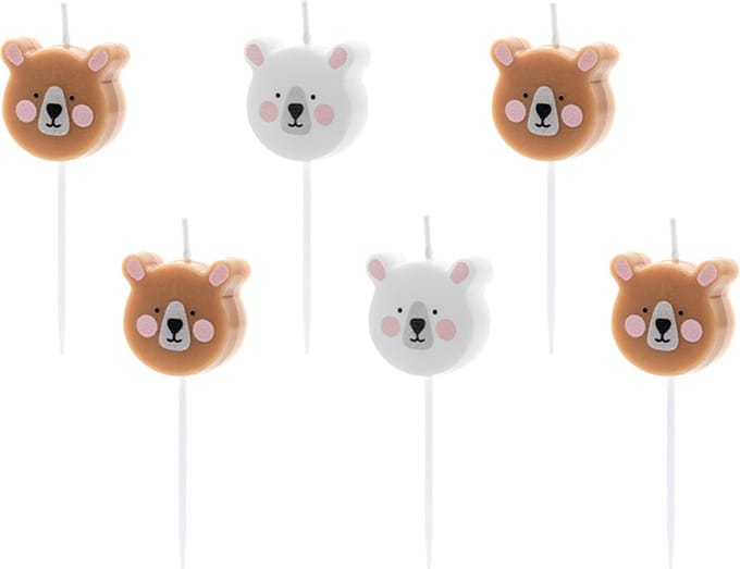 PARTYDECO - 6 Verjaardagskaarsjes kleine bruine en witte beertjes 3 cm