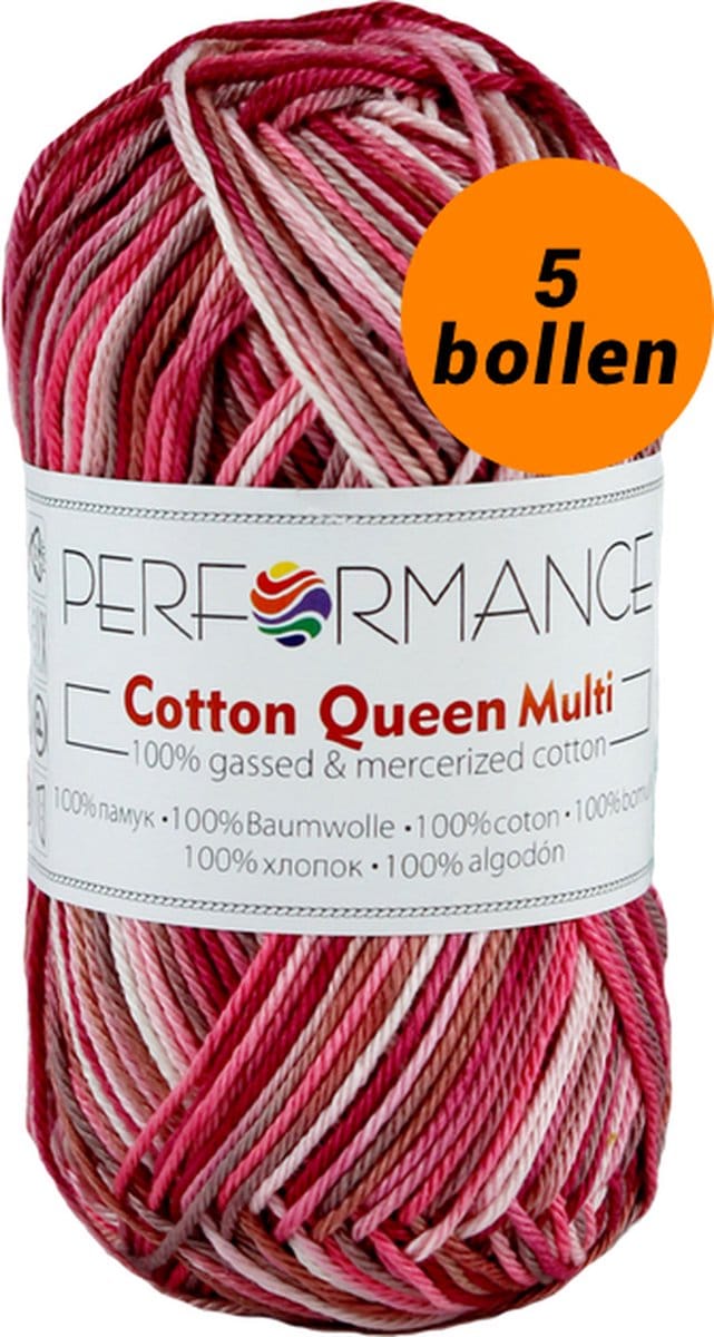 5 bollen haakgaren katoen roze bruin (9074) - Cotton Queen multi garen