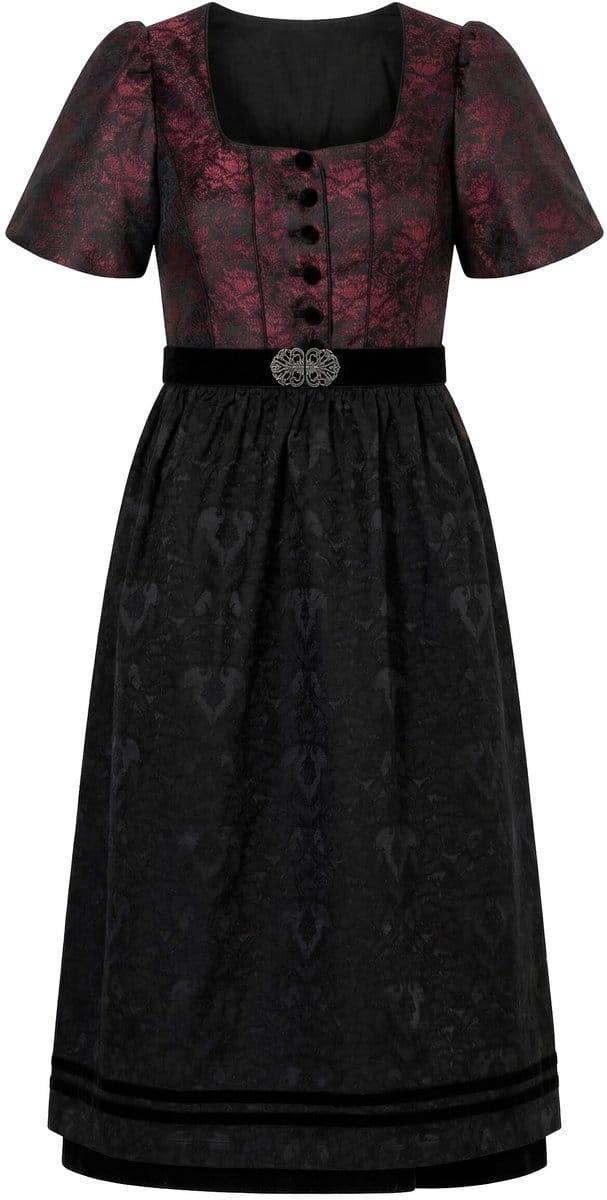 Ulla Popken - Dames - Dirndl jacquard vierkante halslijn halve pofmouwen - Donker wijnrood - Maat 44
