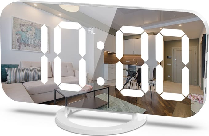 Digitale wekker - Moderne LED spiegel digitale wekker-groot schermwekker met 2 USB-3 helderheidsniveaus - Wit