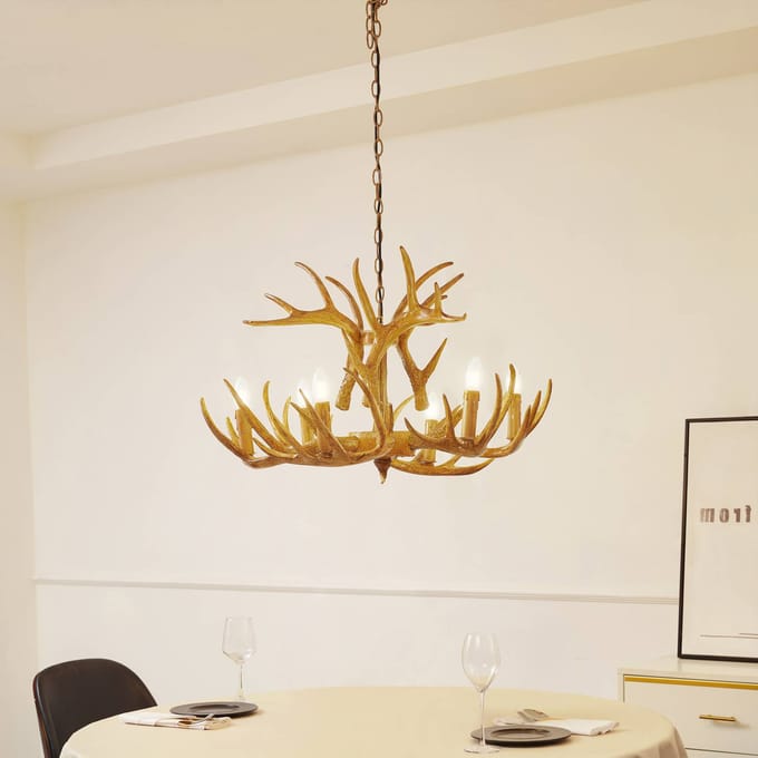 Hanglamp Lindby Fibi, bruin, gewei, 6-lamps E14