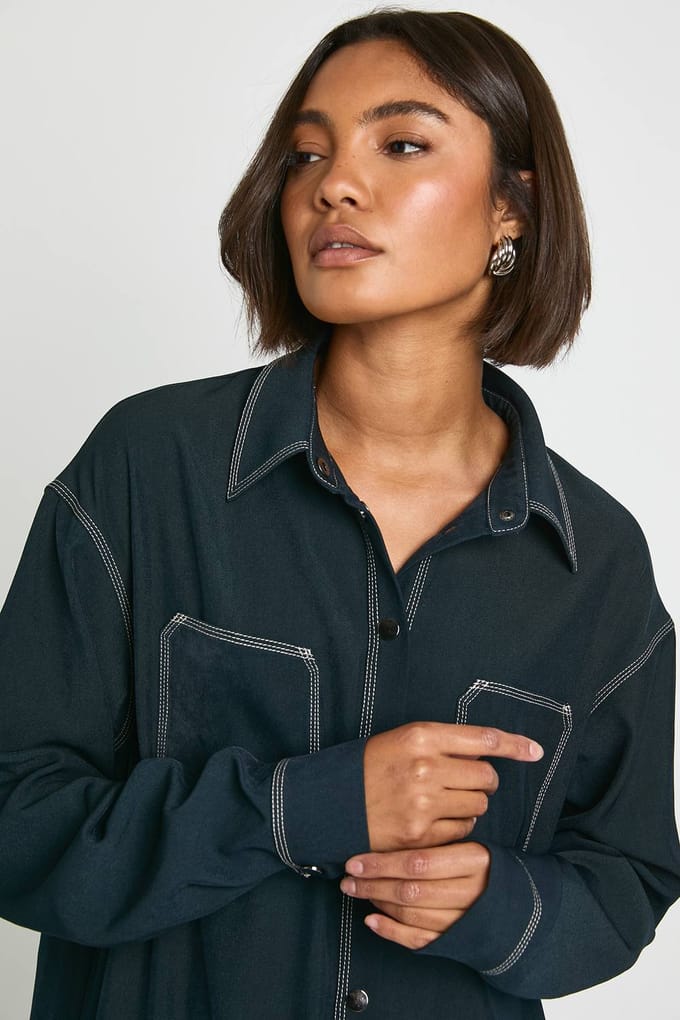 boohoo Dames Lange oversized overhemdjurk | Marineblauw | Maat: 36