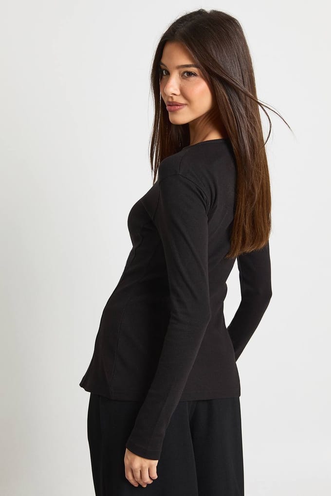 boohoo Dames Geribbelde Longline Top met Drukknopen Vooraan | Zwart | Maat: 34