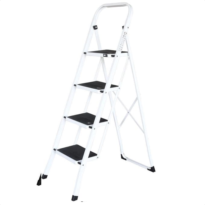IVOL Huishoudtrap 4 treden - Keukentrap Inklapbaar - Wit - Antislip - Max. hoogte 93 cm