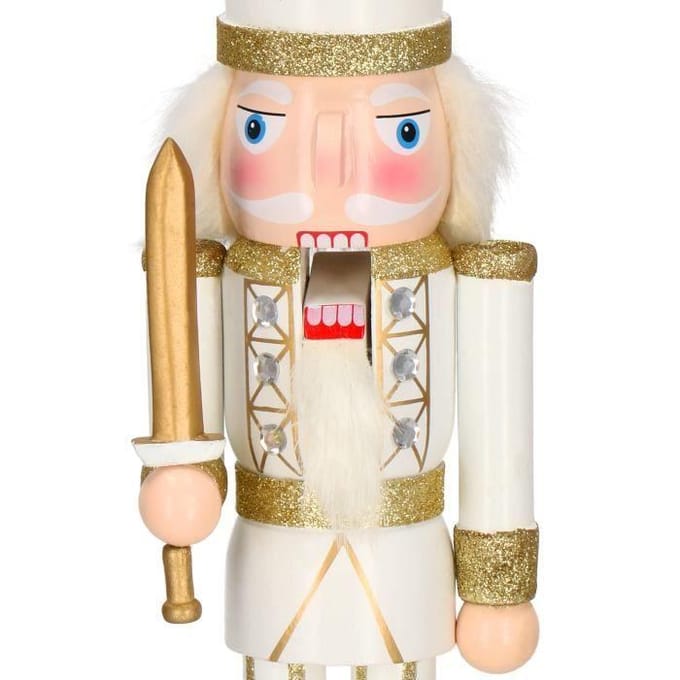 Springos Notenkraker Kerst | Houten Soldaat | Kerstversiering | Wit/Goud | 38 cm