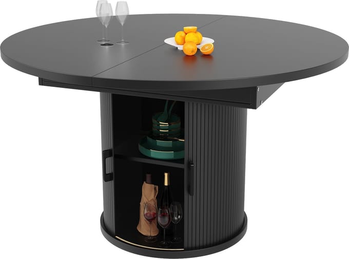 Zwart mdf uitschuifbare ronde eettafel met opbergruimte voor eetkamer 118-158cm
