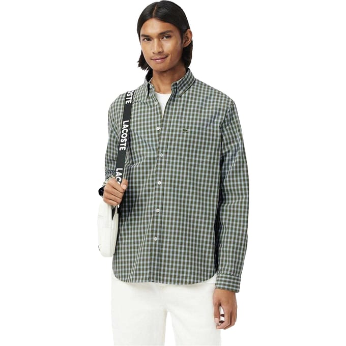 Lacoste Heren geruit Popeline Regular Overhemd (Khaki)
