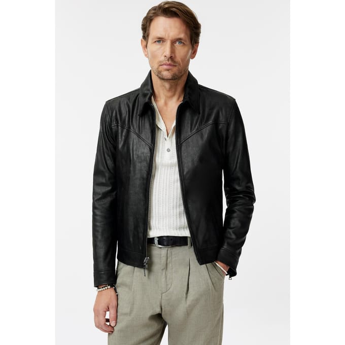 John Varvatos Western Yoke Zip Jacket With Multi Welt Black Größe: 56 | Lederjacken Outlet | Herren | Schwarz